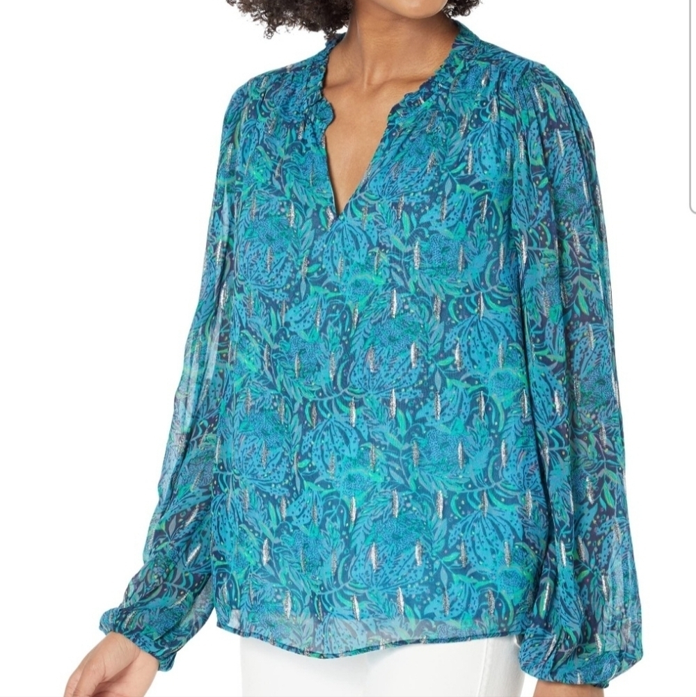 Lilly Pulitzer Giana Long Sleeve Top Low Tide Blue Silver XXS